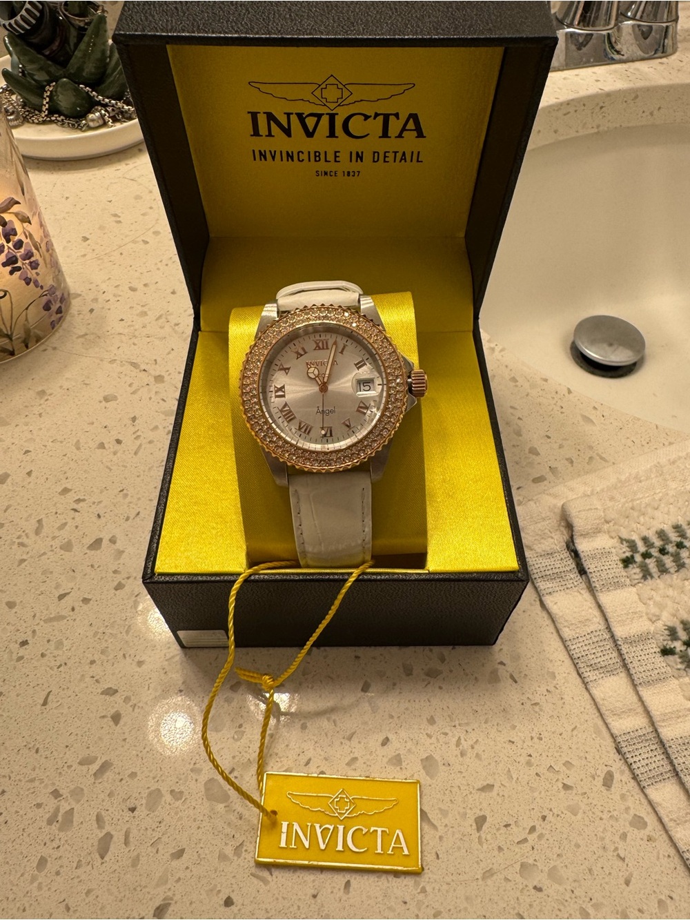 Invicta White Leather Watch with Rose Gold Crystal Bezel
